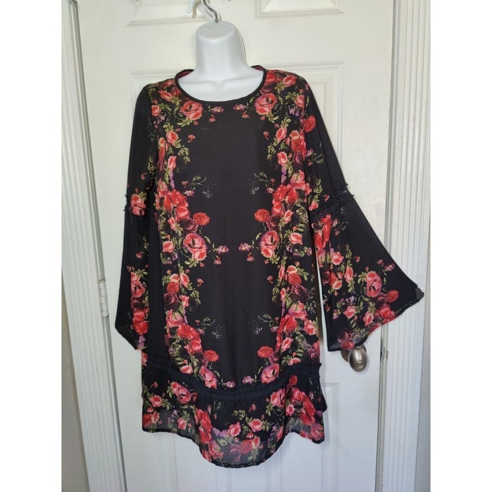 Taylor & Sage Black Pink Floral Rose Flare Sleeve Mini Shift Dress‎ M